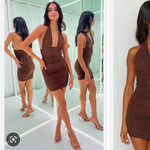 AU 10, US 6 - Beginning Boutique Brown Ruched Constance Mini Dress - Picture 2 of 8